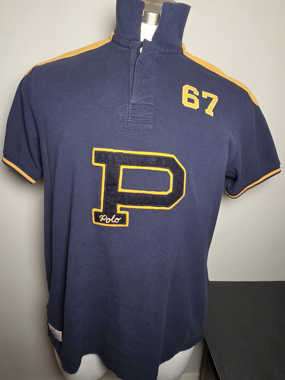 Polo by Ralph Lauren Navy Polo with Yellow Appliqué 'P' and 67